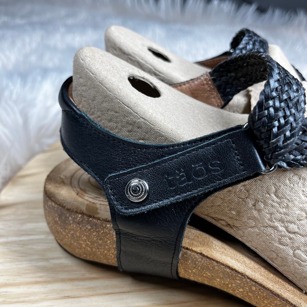 Taos Trulie Sandal Womens 9-9.5 (Eur 40) Strappy Black Woven Leather Cork Wedge - Picture 7 of 16